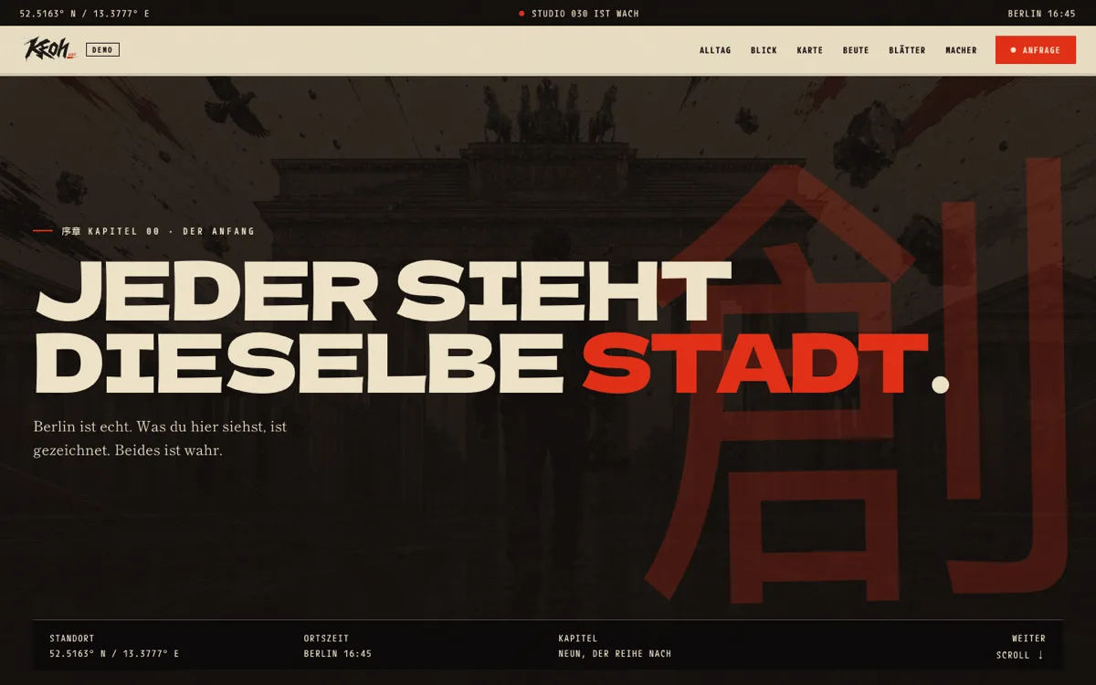 Startseite der Anime-Welt mit der Ueberschrift Jeder sieht dieselbe Stadt